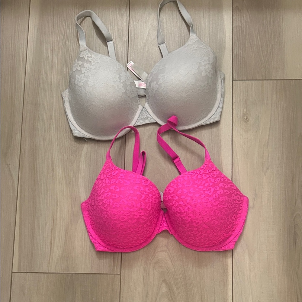Victoria's Secret Vibrant Pink and Soft Gray Lace Bras